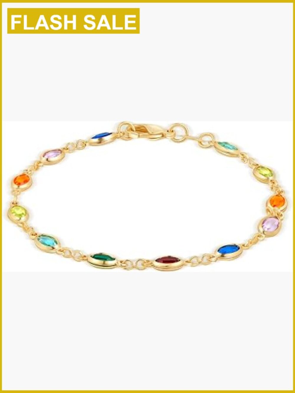 18K Gold Plated Link Bracelet 7.5 Inches, Crystal Stones, Lobster Claw Clasp